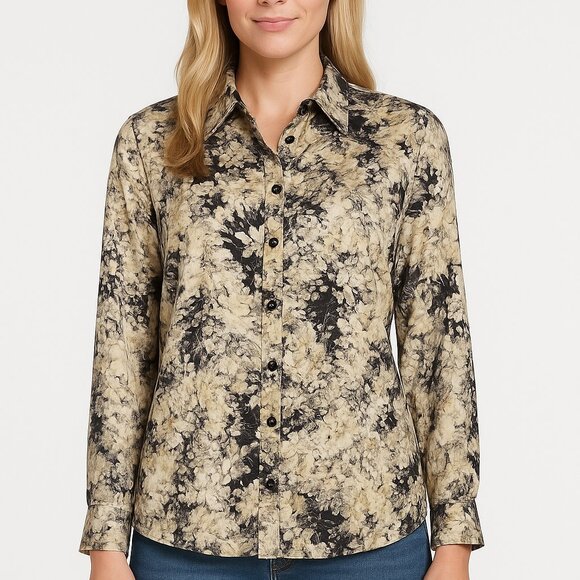 Vince Painted Crema Blouse 100% Silk Size Medium FloraL Black Cream Luxury Artsy - Picture 10 of 10